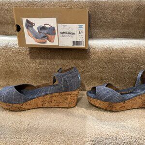TOMS Womens Open Toe Ankle Straps Cork Wedge Platform Shoes/Size 8.5/Chambray